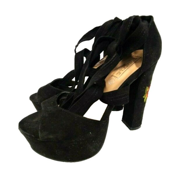 Truffle Collection Heels US 7 Black Faux Suede Floral Embroidery Open Toe Shoes - Picture 1 of 8